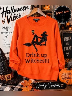 🎃 Verve Ami Drink Up Witches Halloween Sweater Large Sparkly Witch Orange